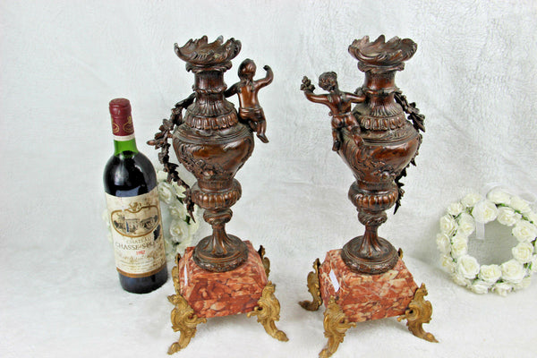 PAIR Spelter bronze marble Putti cherub urns vases french antique