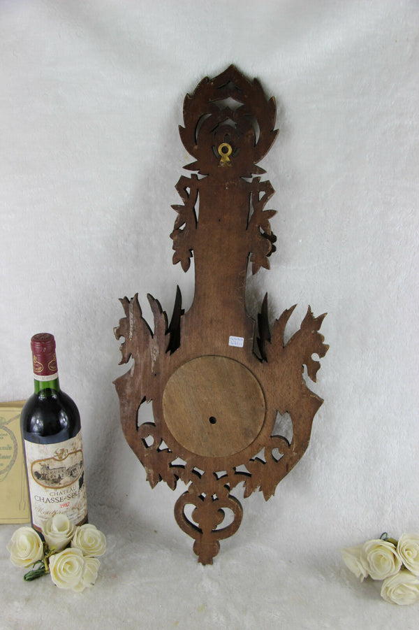Antique wood carved black forest cut Dragon gothic barometer Figurines