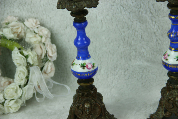 PAIR french antique Candle holders blue floral porcelain de sevres putti base