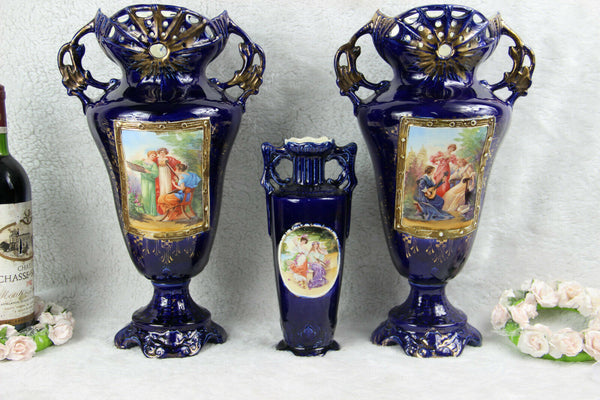 Set of 3 Austria Josef Strnact Blue ceramic porcelain Vases romantic marked 1920