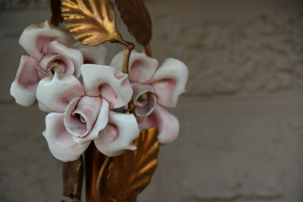 French metal gold gilt pink porcelain flower table lamp 1960