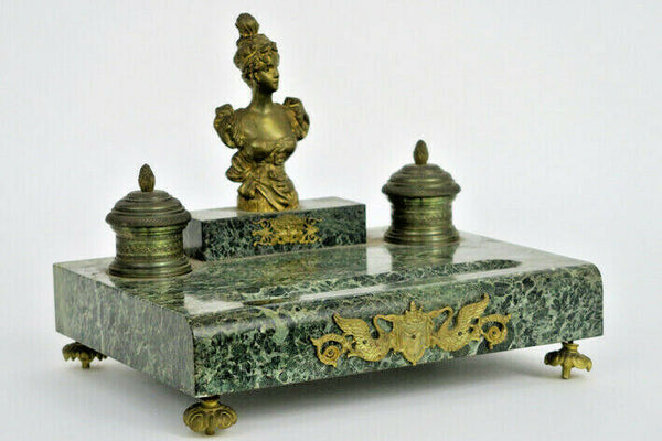 Antique art nouveau marble bronze P RIGUAL inkwell desk signed bust lady