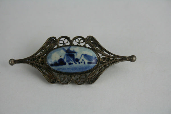 Exclusive 1930 Delft blue white pottery Brooch jewelry marked DELFT