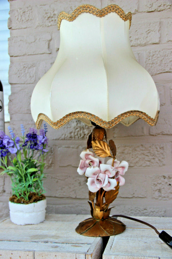 French metal gold gilt pink porcelain flower table lamp 1960