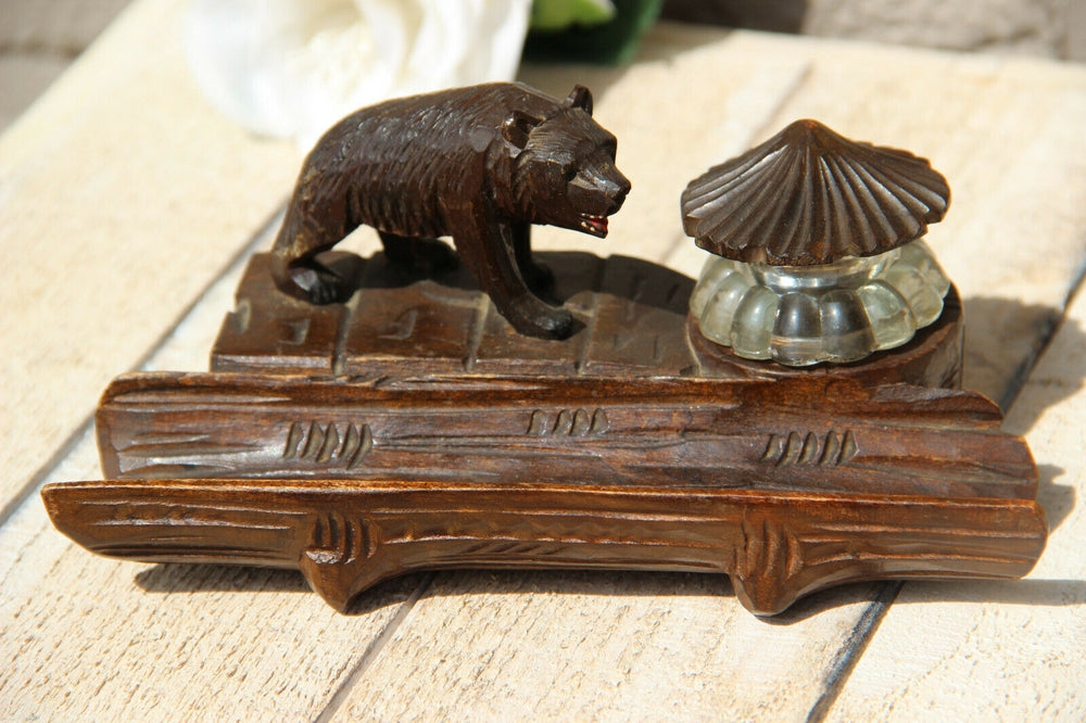Antique hand Black forest wood carved swiss bear statue inkwell