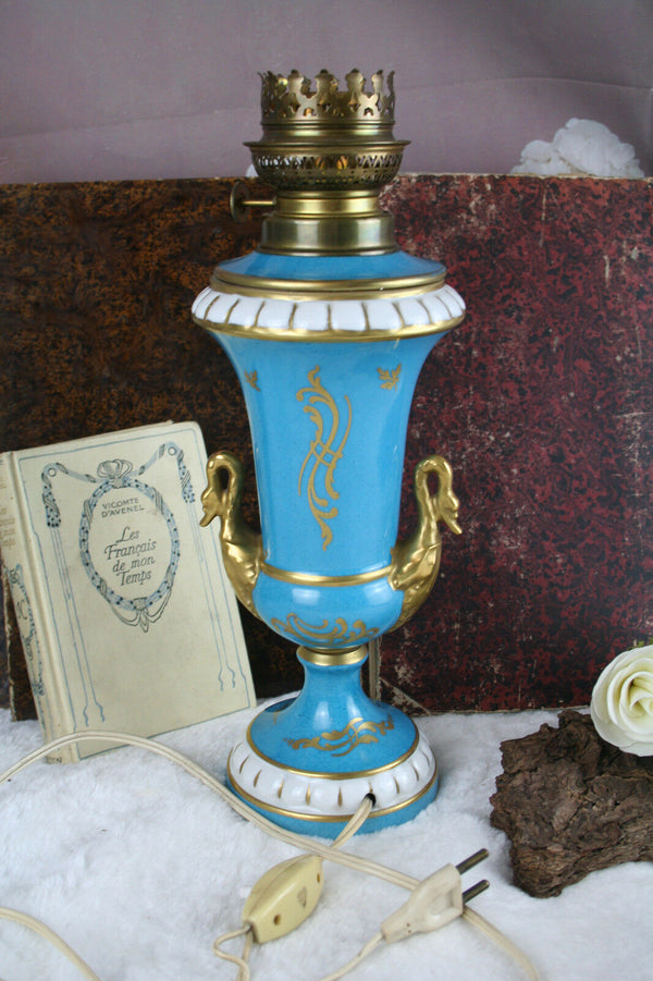 Antique french vieux paris porcelain Swan empire floral lamp marked