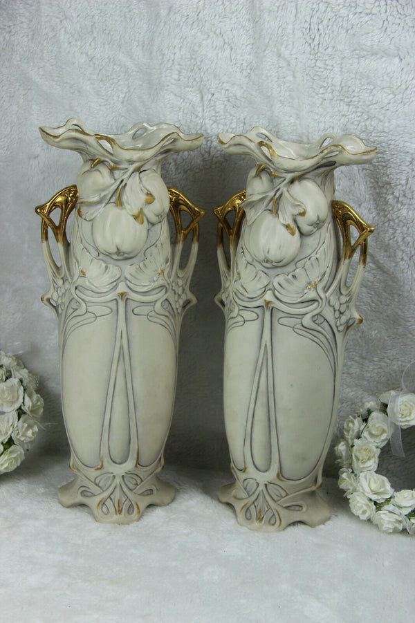 PAIR Art nouveau ROYAL DUX marked Pottery Vases Fruit apple