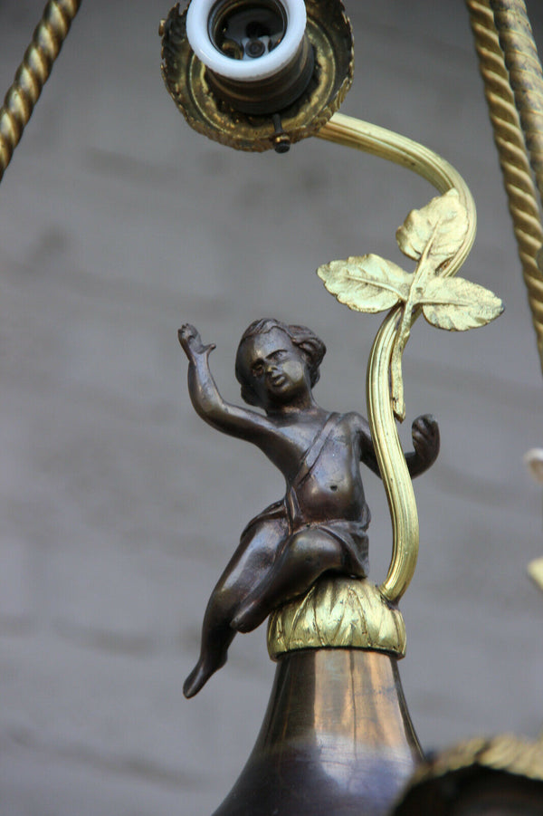 Gorgeous French Bronze putti angel porcelain flowers chandelier empire design