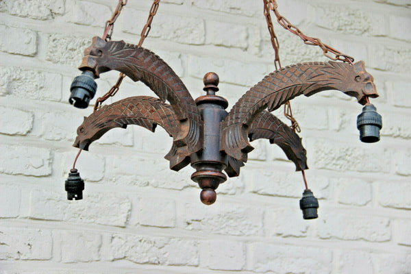 Antique french gothic castle Wood carved dragon chimaera 4 arm chandelier