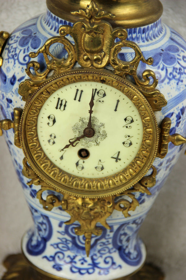 ANTIQUE BOCH Delft blue white pottery bird  pottery Clock Vases lion heads mark