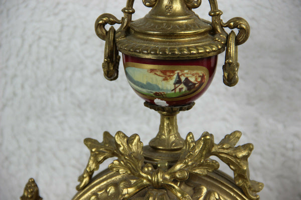 French porcelain Burgundy red romantic victorian Clock set vases