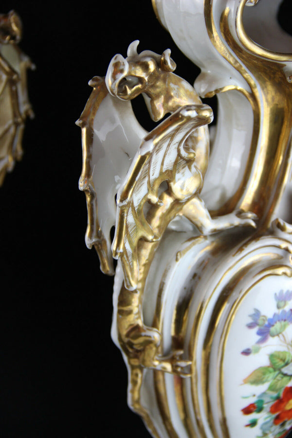 Unusual PAIR XL VIEUX PARIS porcelain Dragon handle Vases XIX attr. jacob petit