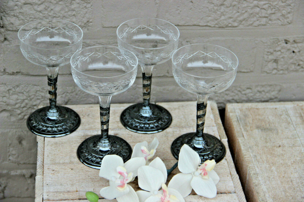 Set 4 Crystal glass Glasses champagne metal silver gilt frame