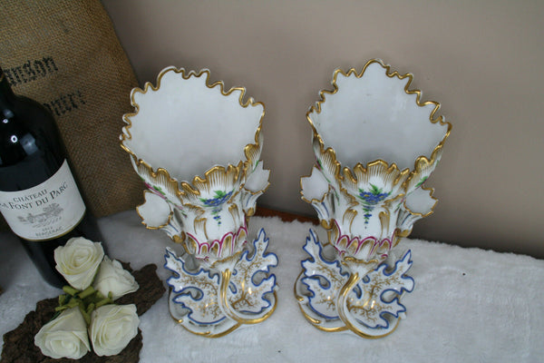 Antique 19thC PAIR vieux paris porcelain floral decor Vases style de Jacob petit