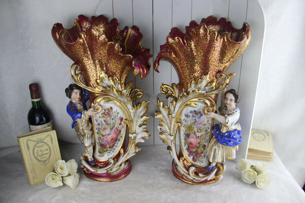 RARE PAIR XXL Genuine JACOB PETIT Porcelain 1840 Vases figurine boy girl floral