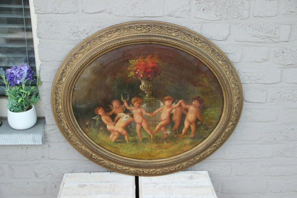 Antique French school oil canvas painting 19thc oval putti cherubs