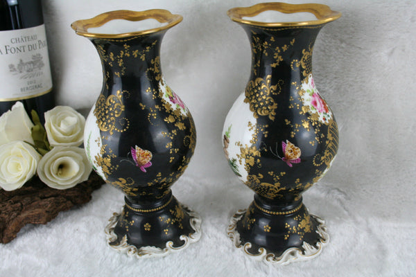 RARE!! Antique 19thC Vieux paris porcelain black fond vases aristrocat couple