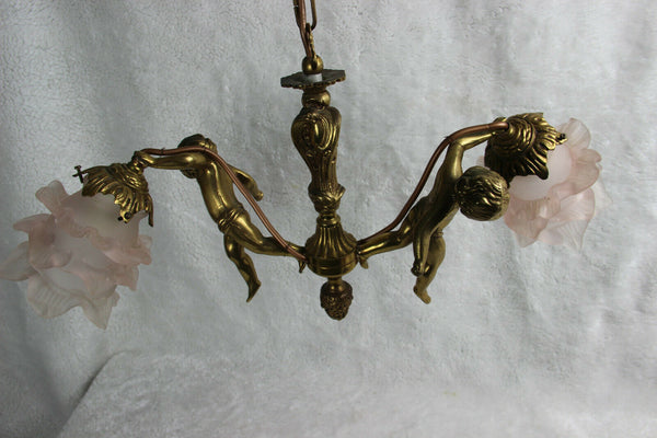 Antique French brass 2 putti cherub arms chandelier pendant pink glass shade