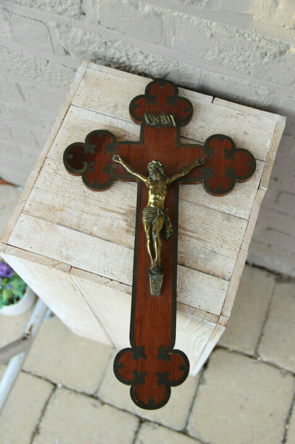 Old French antique wood carved Wall crucifix metal christ religious