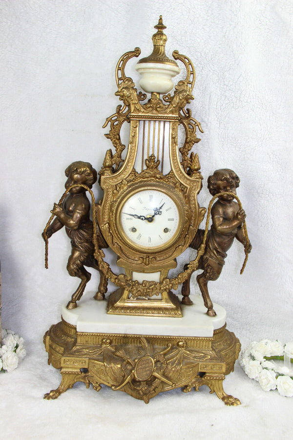 HUGE Bronze White marble putti faun figurines  mantel clock
