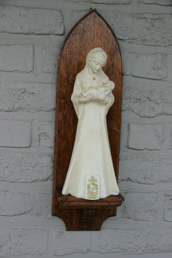 Antique French Religious chalkware Madonna statue on wood console marked
