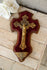 Old French antique Holy water font brass crucifix red velvet religious