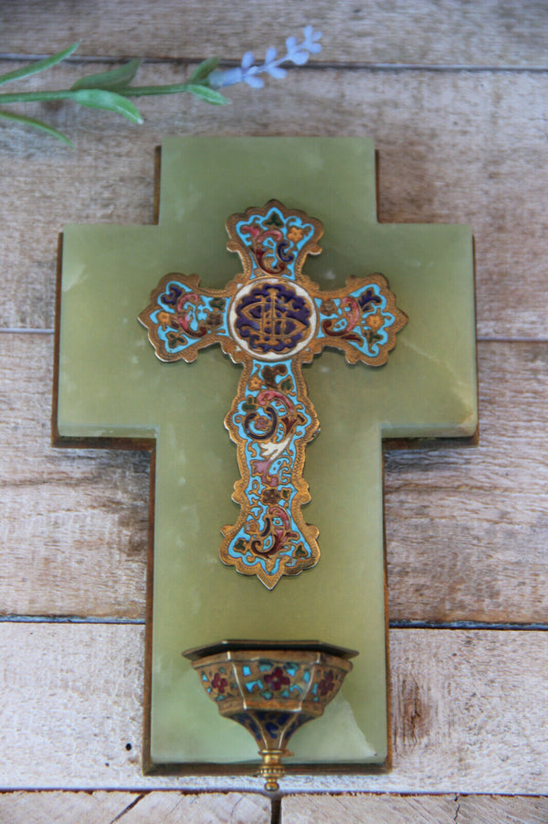 Antique Religious Holy water font cloisonne cross onyx marble