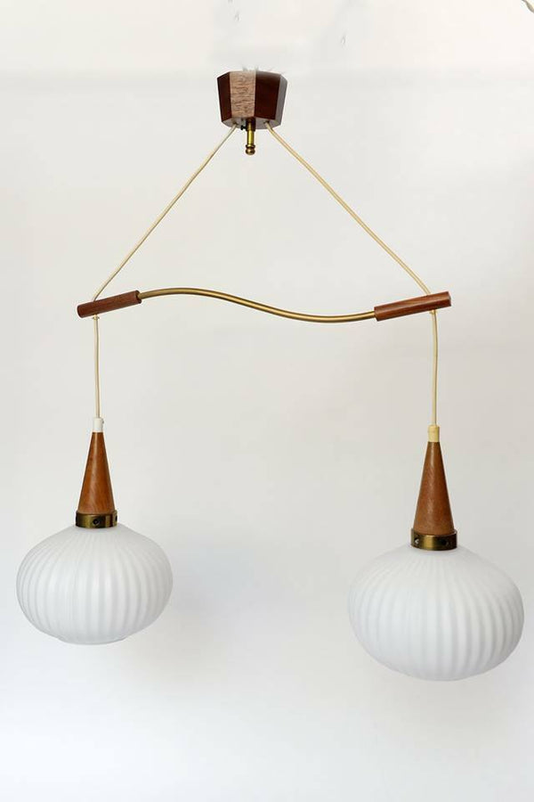 Mid century Retro Louis KALFF Teak wood pendant chandelier 2 opaline glass globe