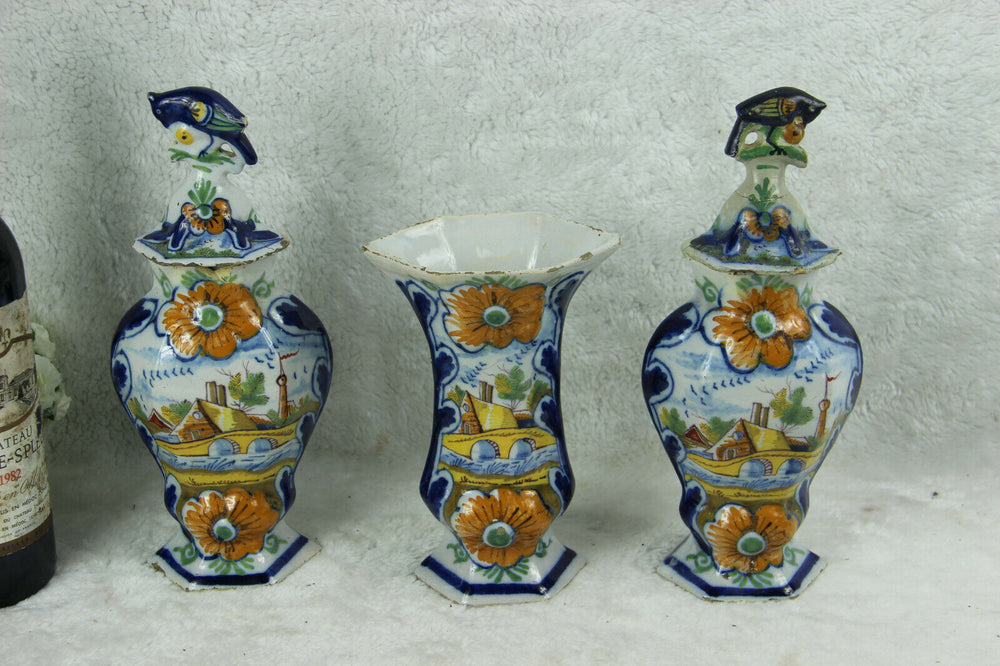 Set 3 Antique Delft polychrome pottery vases set farm landscape dutch decor mark