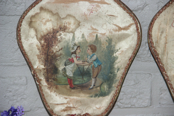 PAIR antique 19thc victorian Hand fireplace fan Silk romantic boy girl