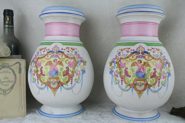 Gorgeous PAIR Antique French Vases in Sevres Bisque putti cherubs 1920 rare