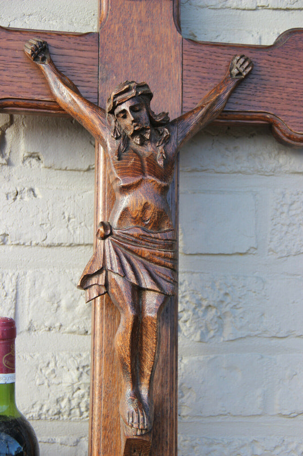 XL Antique French altar church religious wood carved crucifix christ cross