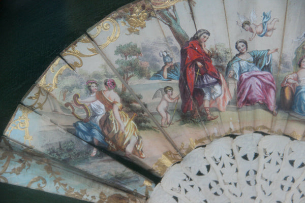 Antique 19thc Victorian hand paint fan wood frame glass putti angel scene