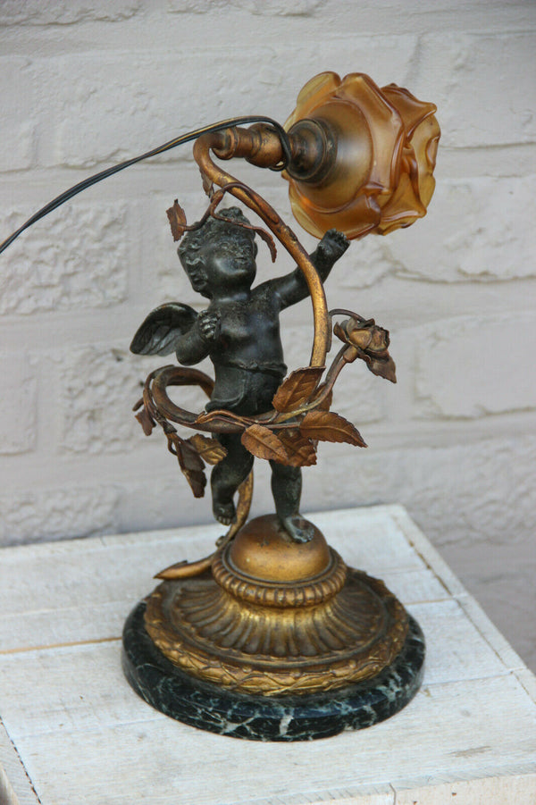 Antique French spelter marble base amber tulip shade angel putti lamp