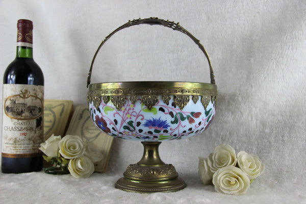 French opaline enamel paint floral Glass Coupe centerpiece fruit bowl 1970s