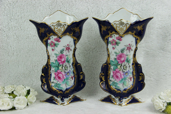 PAIR vieux paris french porcelain vases floral decor