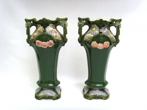 Antique pair art nouveau barbotine Vases marked