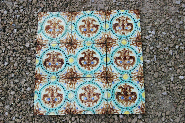 Gorgeous Antique French barbotine majolica set 9 tiles dragon gothic decor