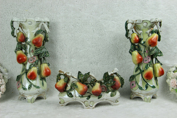 Antique art nouveau marked porcelain pear fruits relief vases mantel set