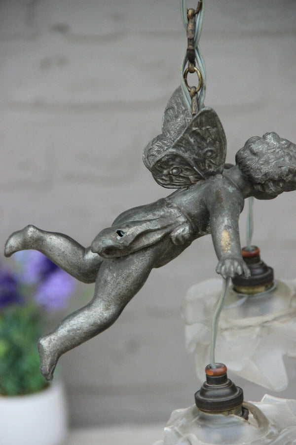 Superb antique parisian spelter bronze putti angel pendant lantern chandelier