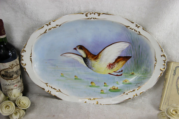 LArge French limoges marked porcelain bird pheasant tableware plate signed