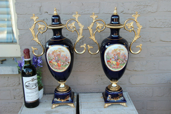 PAIR french Limoges porcelain cobalt Victorian romantic scene vases