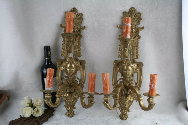 Huge PAIR French antique bronze putti faun satyr 3 arms sconces wall lights