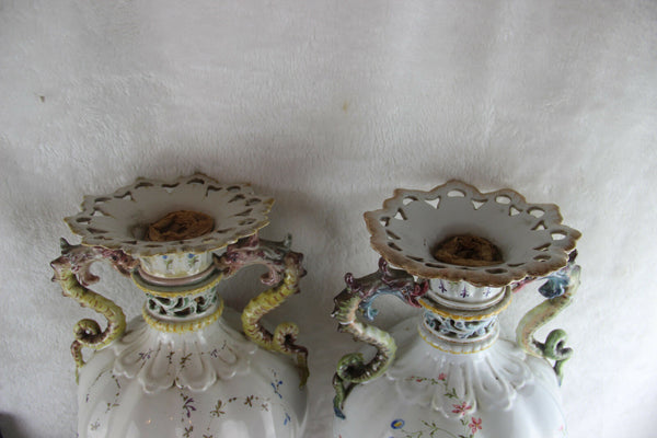 HUGE pair French 1900 marked faience porcelain sea horse dragon vases floral