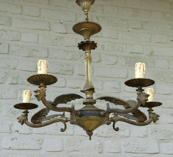 Antique French neo gothic castle 5 arms dragon  chandelier lamp rare