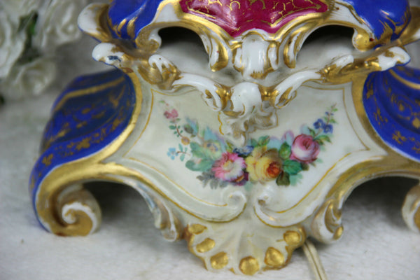 Antique French vieux old paris porcelain vase romantic dog scene floral Lamp