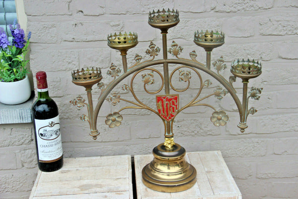 Antique religious bronze altar Church candle holder 5 arms candelabra