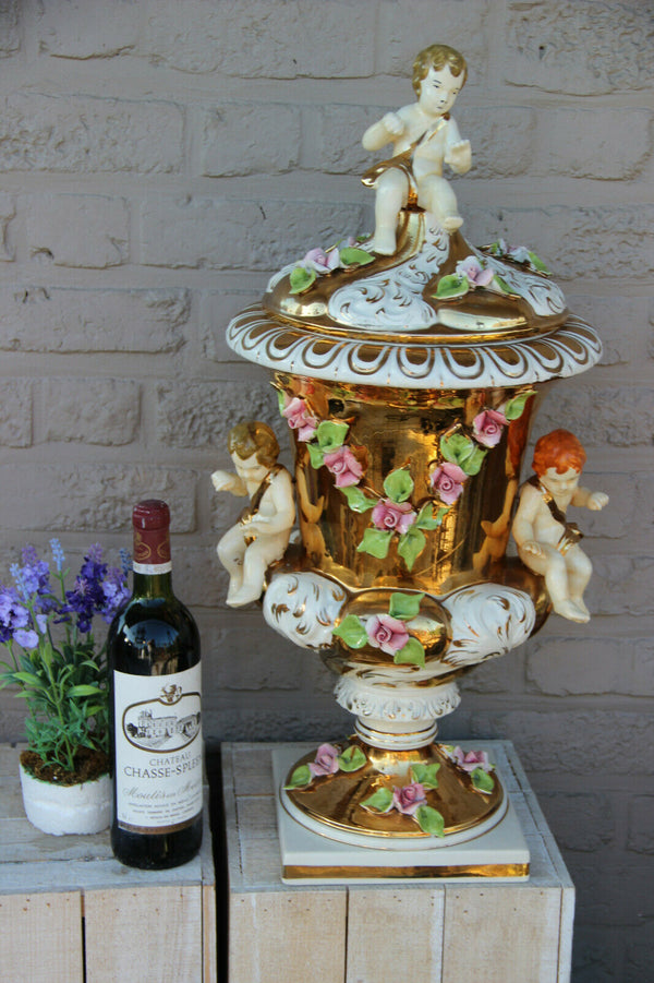 XXL Italian capodimonte porcelain vase Putti angels majolica floral decor lidded