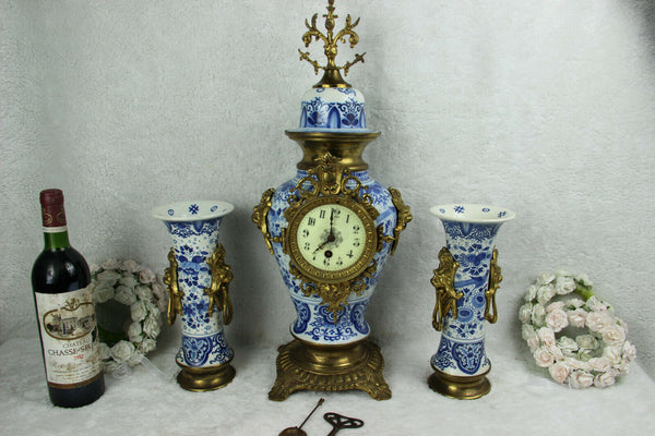 ANTIQUE BOCH Delft blue white pottery bird  pottery Clock Vases lion heads mark