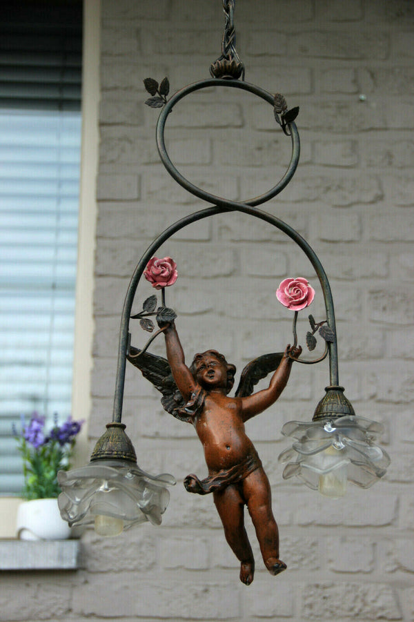 Antique French Spelter bronze putti angel Chandelier pendant porcelain flower